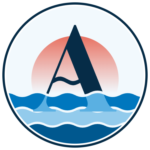 The Adlantis emblem: a capital A rising from the sea in front of a fading red sun